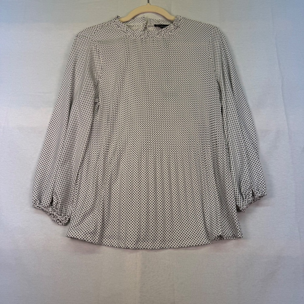 Adrianna Papell Ruffle‎ Neck Pleated Knit Top Ivory Black Polka Dot AD1S301071 S